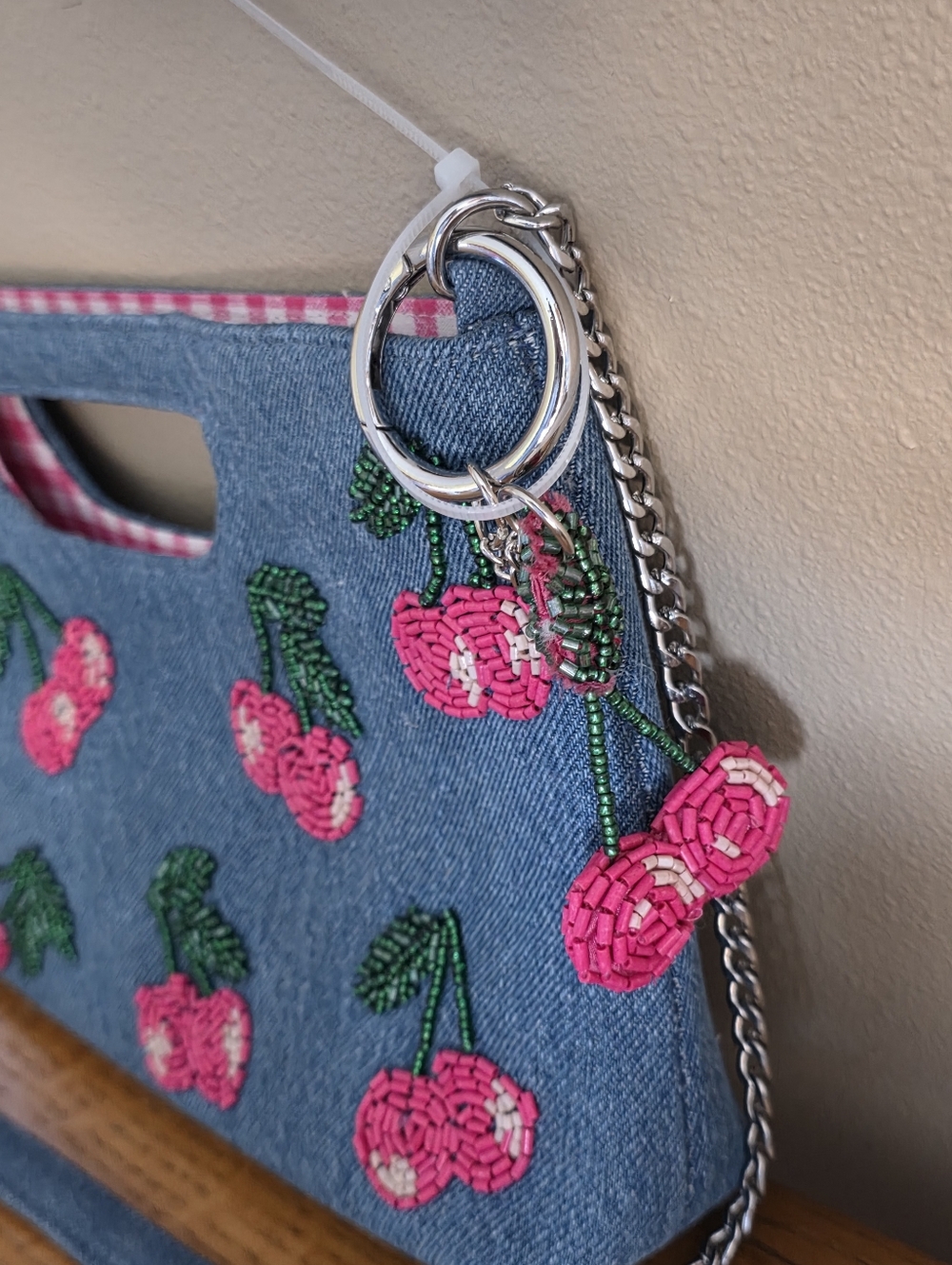HANDMADE IN INDIA BLUE DENIM BEADED CLUTCH BAG W/ BAG CHARM *CHERRIES* NEW - Picture 4 of 16